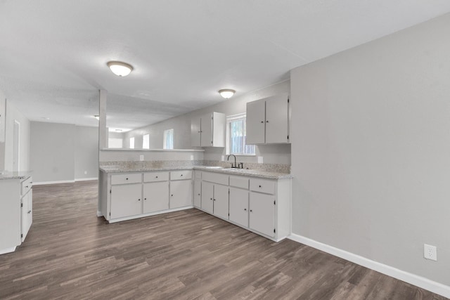 3137 E Townsend Ave, Fresno, CA 93702 - kitchen with dark wood-type flooring, white cabinets, a peninsula, and light stone countertops