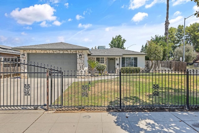 3012 W Santa Ana Ave, Fresno, CA 93722 - ranch-style house with an attached garage, driveway, a fenced front yard, stone siding, and a shingled roof