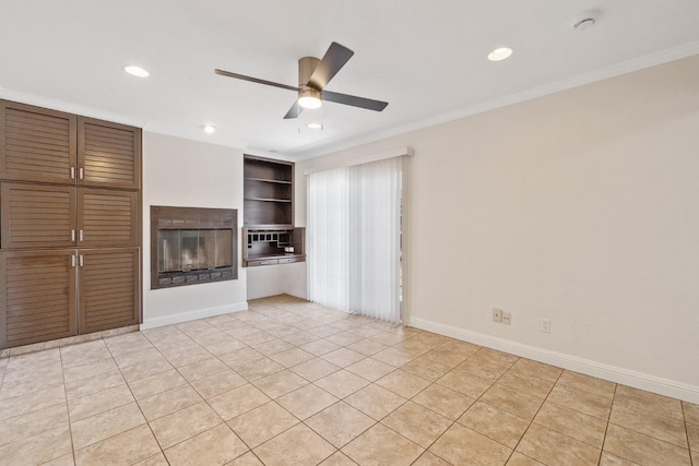3012 W Santa Ana Ave, Fresno, CA 93722 - unfurnished living room featuring recessed lighting, ceiling fan, light tile patterned floors, a glass covered fireplace, and ornamental molding