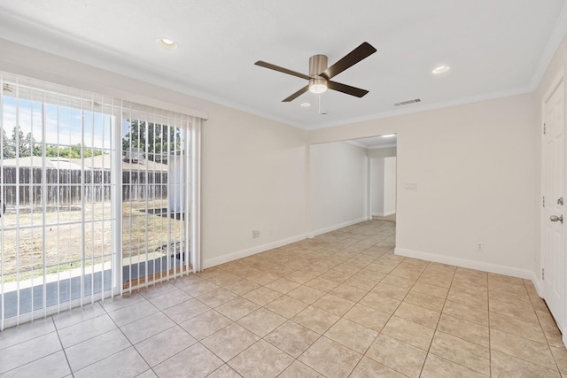 3012 W Santa Ana Ave, Fresno, CA 93722 - empty room featuring a ceiling fan, light tile patterned floors, recessed lighting, and ornamental molding