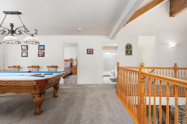 40416 Wild Rose Ln, Shaver Lake, CA 93664 - rec room with light colored carpet, beam ceiling, and billiards table
