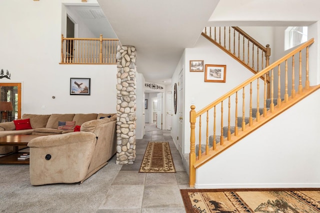 40416 Wild Rose Ln, Shaver Lake, CA 93664 - living room featuring stairs and a high ceiling