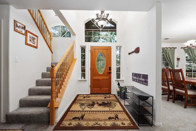 40416 Wild Rose Ln, Shaver Lake, CA 93664 - carpeted entrance foyer featuring a chandelier and stairs