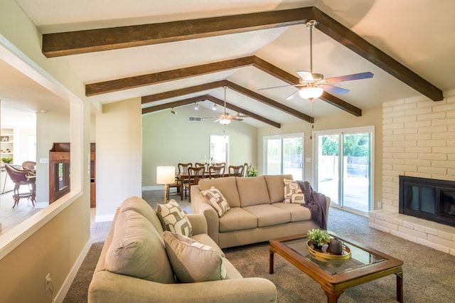 2805 W Spruce Ave, Fresno, CA 93711 - living area featuring carpet flooring, ceiling fan, and a brick fireplace
