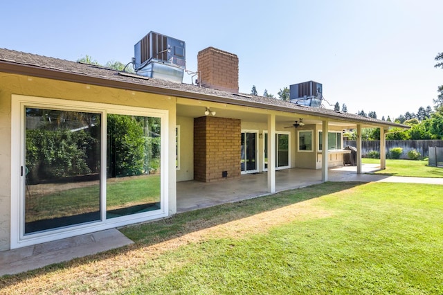 2805 W Spruce Ave, Fresno, CA 93711 - rear view of property with a patio area, brick siding, a chimney, and ceiling fan