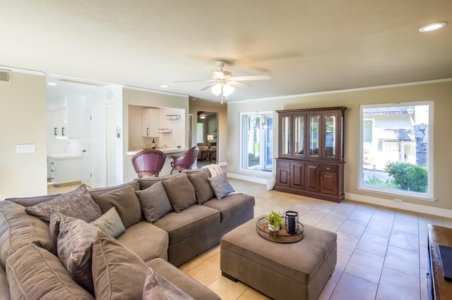 2805 W Spruce Ave, Fresno, CA 93711 - living room featuring ceiling fan, light tile patterned floors, ornamental molding, and recessed lighting