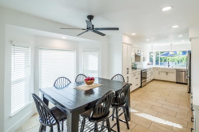 2805 W Spruce Ave, Fresno, CA 93711 - dining area with a ceiling fan, recessed lighting, and light tile patterned floors