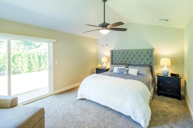 2805 W Spruce Ave, Fresno, CA 93711 - bedroom featuring access to exterior, carpet, lofted ceiling, and ceiling fan
