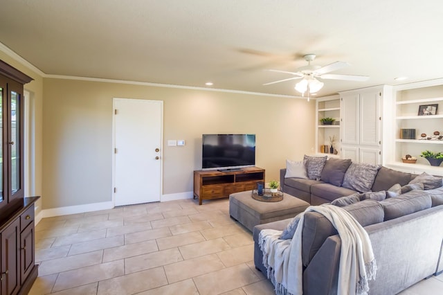 2805 W Spruce Ave, Fresno, CA 93711 - living area with ceiling fan, ornamental molding, recessed lighting, and light tile patterned flooring