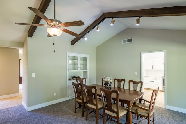 2805 W Spruce Ave, Fresno, CA 93711 - dining room featuring a ceiling fan, light carpet, and light tile patterned flooring