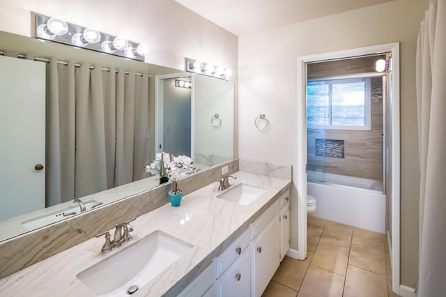 2805 W Spruce Ave, Fresno, CA 93711 - bathroom featuring double vanity, tile patterned flooring, and shower / tub combo with curtain