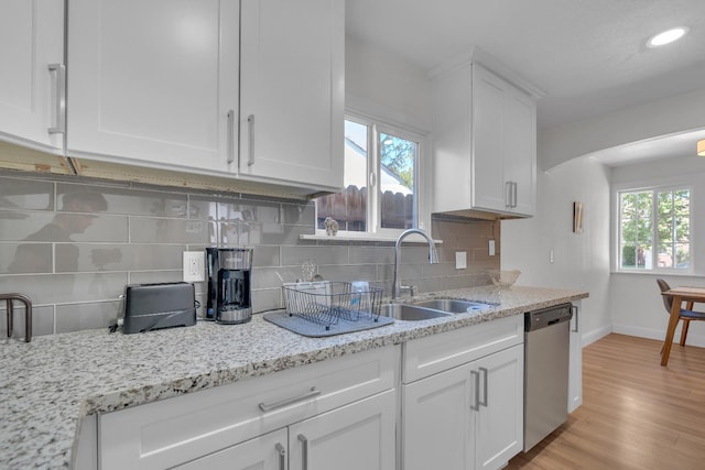 1383 N Safford Ave, Fresno, CA 93728 - kitchen featuring dishwasher, white cabinets, tasteful backsplash, light stone countertops, and recessed lighting