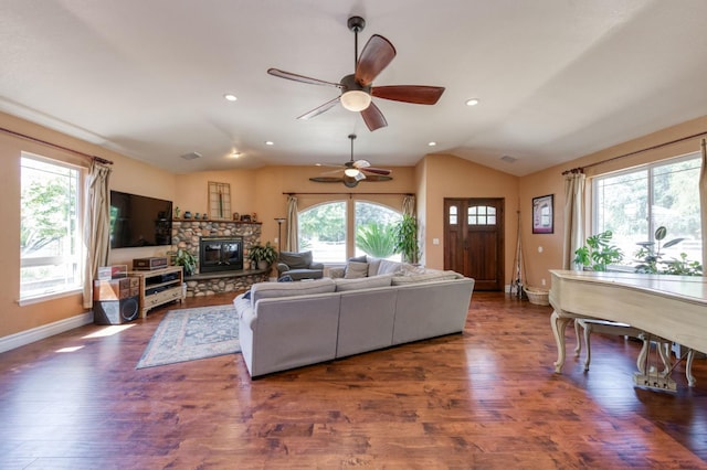 10311 E San Jose Ave, Clovis, CA 93619 - living area featuring healthy amount of natural light, ceiling fan, lofted ceiling, wood finished floors, and recessed lighting