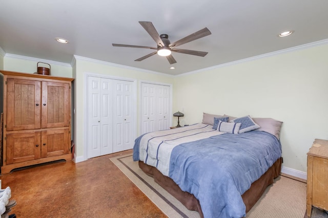 10311 E San Jose Ave, Clovis, CA 93619 - bedroom featuring two closets, crown molding, recessed lighting, and a ceiling fan