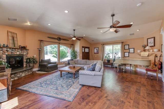 10311 E San Jose Ave, Clovis, CA 93619 - living area with ceiling fan, a fireplace, lofted ceiling, wood finished floors, and recessed lighting