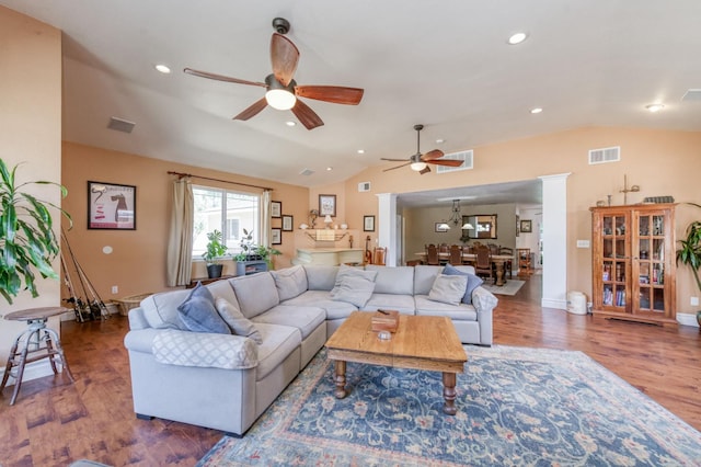 10311 E San Jose Ave, Clovis, CA 93619 - living room with lofted ceiling, ceiling fan, wood finished floors, and recessed lighting