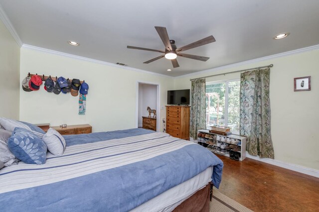 10311 E San Jose Ave, Clovis, CA 93619 - bedroom featuring ornamental molding, recessed lighting, ceiling fan, and finished concrete floors