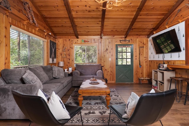 44800 Mountain Meadow Rd, Oakhurst, CA 93644 - living room featuring wood finished floors, wood ceiling, and wooden walls