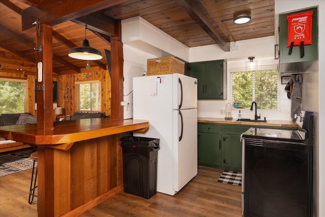 44800 Mountain Meadow Rd, Oakhurst, CA 93644 - kitchen with green cabinetry, stove, wood ceiling, freestanding refrigerator, and dark wood finished floors
