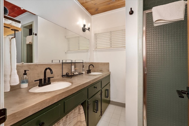 44800 Mountain Meadow Rd, Oakhurst, CA 93644 - full bath with double vanity, tile patterned floors, a stall shower, wood ceiling, and decorative backsplash