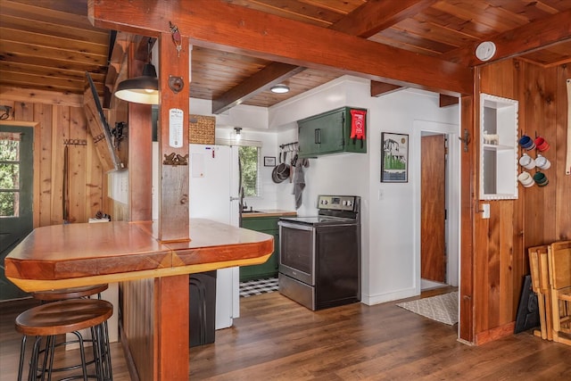 44800 Mountain Meadow Rd, Oakhurst, CA 93644 - kitchen featuring stainless steel electric range, green cabinetry, a wood ceiling with exposed beams, dark wood-type flooring, and wooden walls