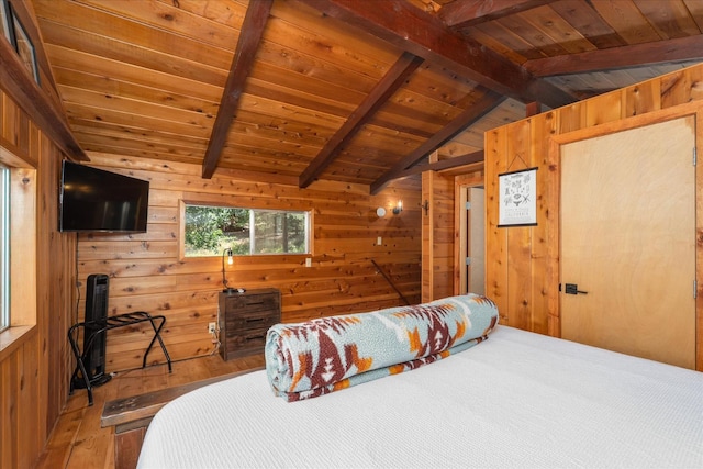 44800 Mountain Meadow Rd, Oakhurst, CA 93644 - bedroom with wood walls, wood ceiling, and wood-type flooring