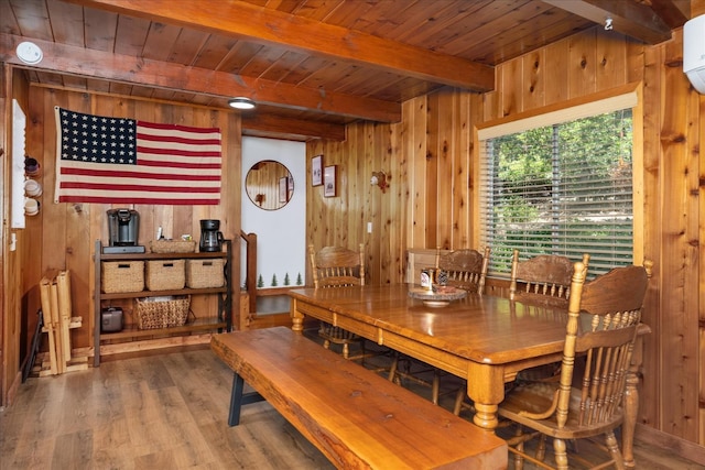 44800 Mountain Meadow Rd, Oakhurst, CA 93644 - dining area featuring wooden walls, wood finished floors, and a wood ceiling with exposed beams