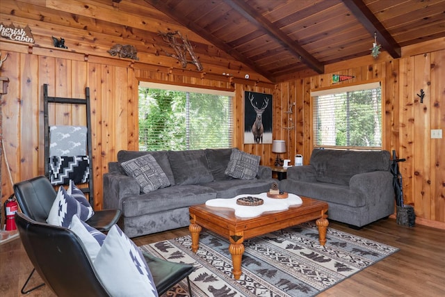 44800 Mountain Meadow Rd, Oakhurst, CA 93644 - living area featuring wooden walls, wood finished floors, and wooden ceiling