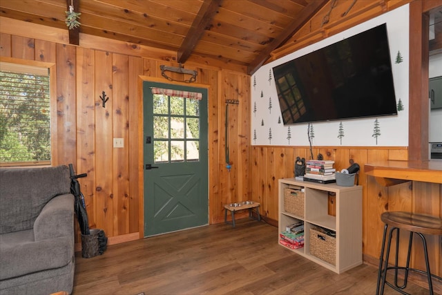 44800 Mountain Meadow Rd, Oakhurst, CA 93644 - foyer entrance featuring wood ceiling, wood finished floors, and wood walls