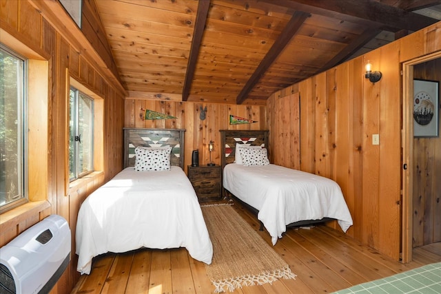 44800 Mountain Meadow Rd, Oakhurst, CA 93644 - bedroom with hardwood / wood-style floors, wooden walls, multiple windows, and wood ceiling