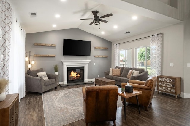 632 W Palo Alto Ave, Clovis, CA 93612 - living room with ceiling fan, lofted ceiling, dark wood-style flooring, a glass covered fireplace, and recessed lighting