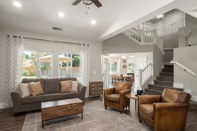 632 W Palo Alto Ave, Clovis, CA 93612 - living room with ceiling fan, stairway, wood finished floors, high vaulted ceiling, and recessed lighting