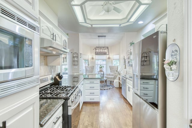 212 W Everglade Ave, Clovis, CA 93619 - kitchen with appliances with stainless steel finishes, under cabinet range hood, ceiling fan, a peninsula, and white cabinetry