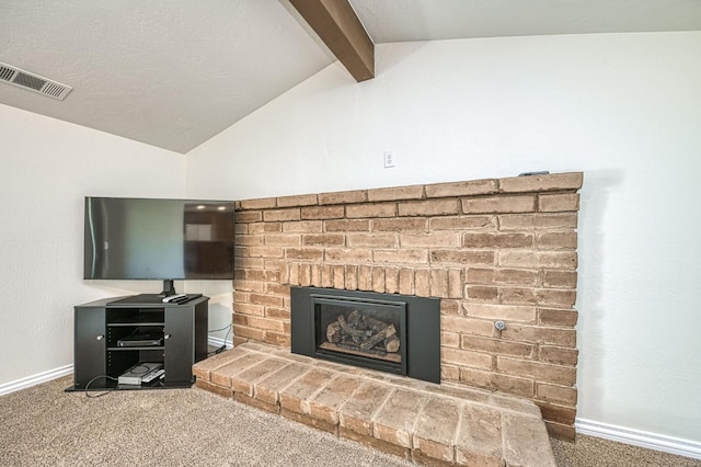 3348 W Sierra Ave, Fresno, CA 93711 - detailed view of carpet flooring, beamed ceiling, and a brick fireplace