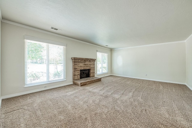 3348 W Sierra Ave, Fresno, CA 93711 - unfurnished living room with ornamental molding, carpet, a fireplace, and a textured ceiling