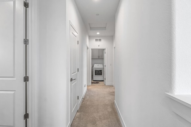 4349 Hillside Rd, Madera, CA 93636 - corridor featuring washer / clothes dryer, light colored carpet, attic access, and recessed lighting