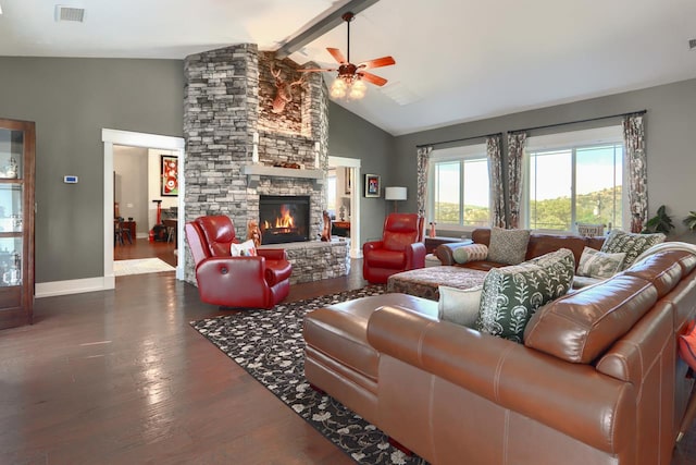 43295 Running Deer Dr, Coarsegold, CA 93614 - living area with ceiling fan, wood finished floors, a fireplace, beamed ceiling, and high vaulted ceiling