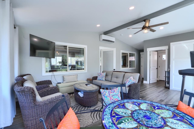 43295 Running Deer Dr, Coarsegold, CA 93614 - living room with an AC wall unit, wood finished floors, a ceiling fan, and recessed lighting