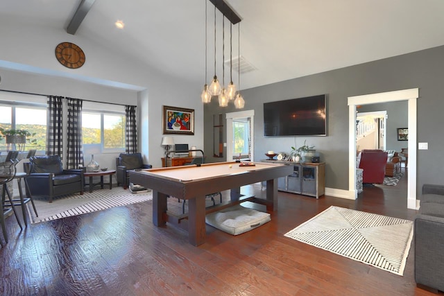 43295 Running Deer Dr, Coarsegold, CA 93614 - playroom featuring beamed ceiling, wood finished floors, pool table, and high vaulted ceiling