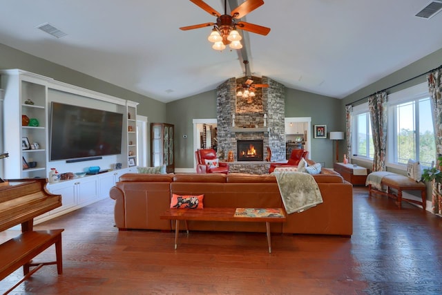 43295 Running Deer Dr, Coarsegold, CA 93614 - living area with a ceiling fan, wood finished floors, a stone fireplace, and vaulted ceiling
