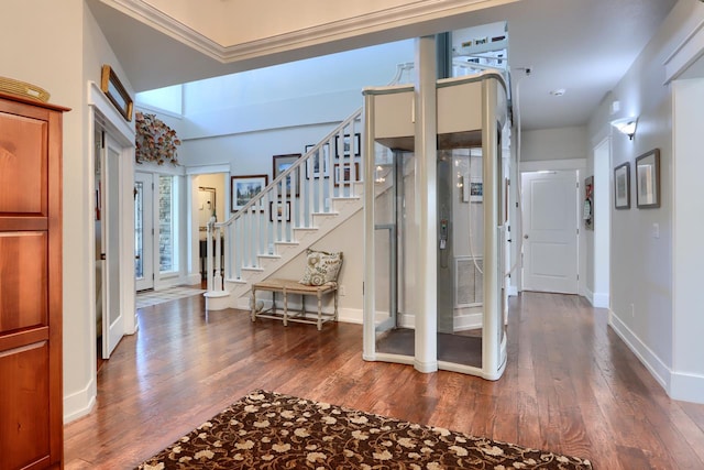 43295 Running Deer Dr, Coarsegold, CA 93614 - foyer entrance with wood-type flooring, stairs, and ornamental molding