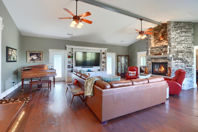 43295 Running Deer Dr, Coarsegold, CA 93614 - living area with a ceiling fan, dark wood-style floors, and a fireplace