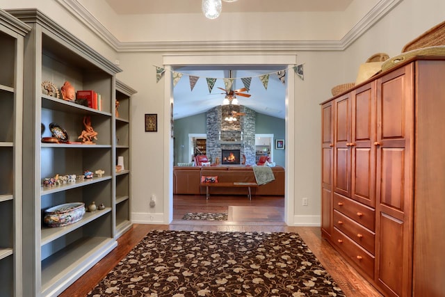 43295 Running Deer Dr, Coarsegold, CA 93614 - corridor featuring dark wood-type flooring and vaulted ceiling