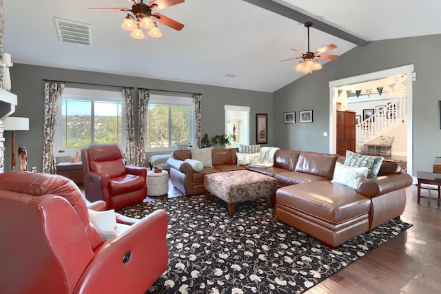 43295 Running Deer Dr, Coarsegold, CA 93614 - living room with ceiling fan, wood finished floors, and stairway