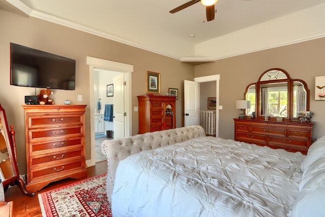 43295 Running Deer Dr, Coarsegold, CA 93614 - bedroom with wood finished floors, crown molding, ensuite bathroom, and ceiling fan