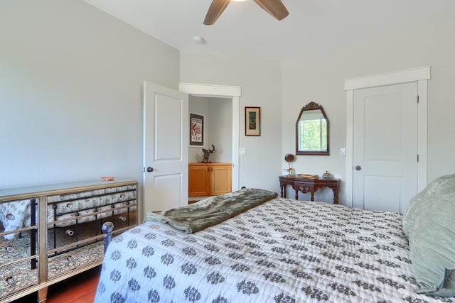 43295 Running Deer Dr, Coarsegold, CA 93614 - bedroom featuring a ceiling fan and wood finished floors