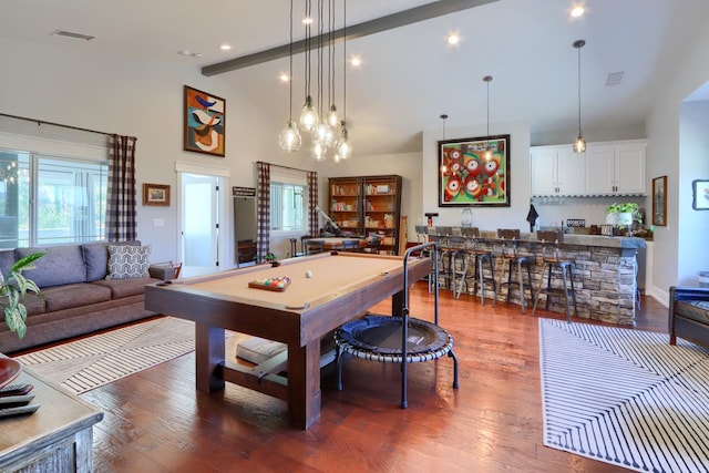 43295 Running Deer Dr, Coarsegold, CA 93614 - recreation room with wood finished floors, beamed ceiling, high vaulted ceiling, pool table, and bar area