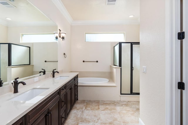 7399 N Riverside Dr, Fresno, CA 93722 - full bath featuring healthy amount of natural light, a bath, a shower stall, ornamental molding, and double vanity