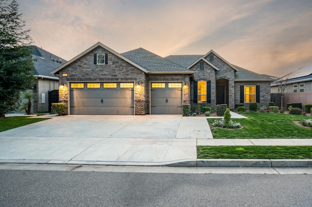 7399 N Riverside Dr, Fresno, CA 93722 - view of front of house with stone siding, an attached garage, and concrete driveway