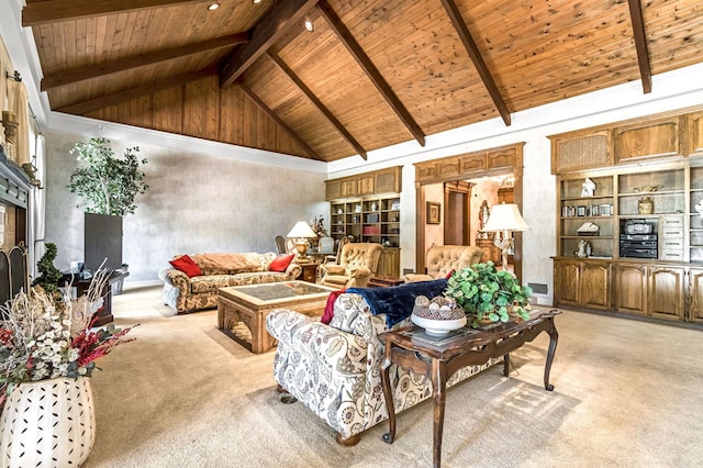 1917 Evergreen Pl, Madera, CA 93637 - living room with light colored carpet, a wood ceiling with exposed beams, and high vaulted ceiling